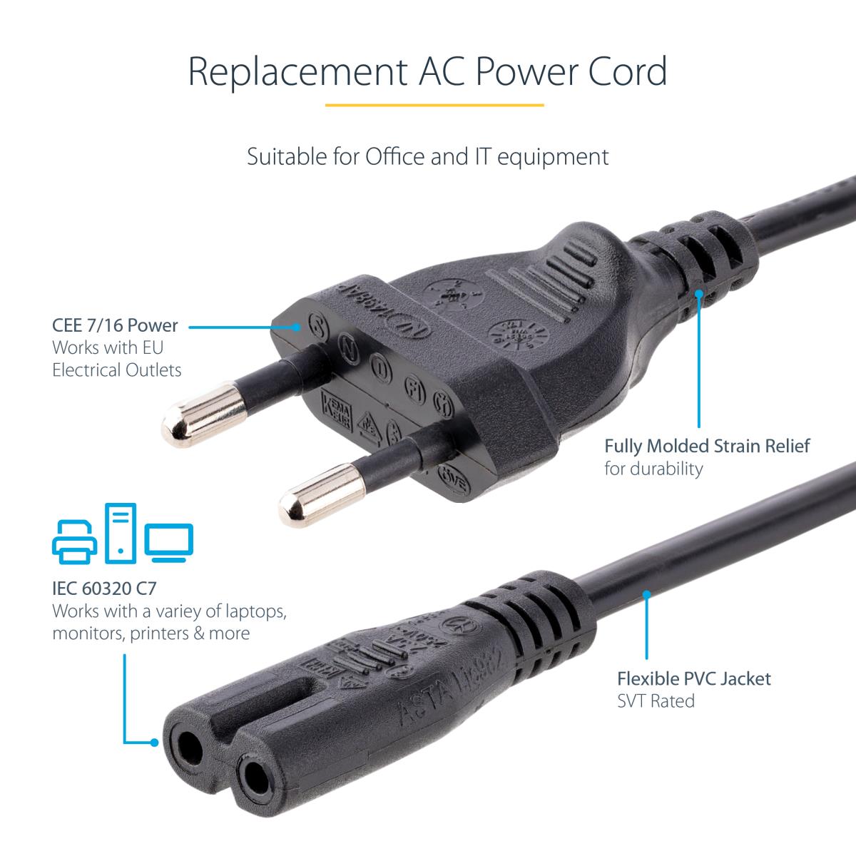 STARTECH.COM Laptop Power Cord - Plug To C7 - 18awg 2m