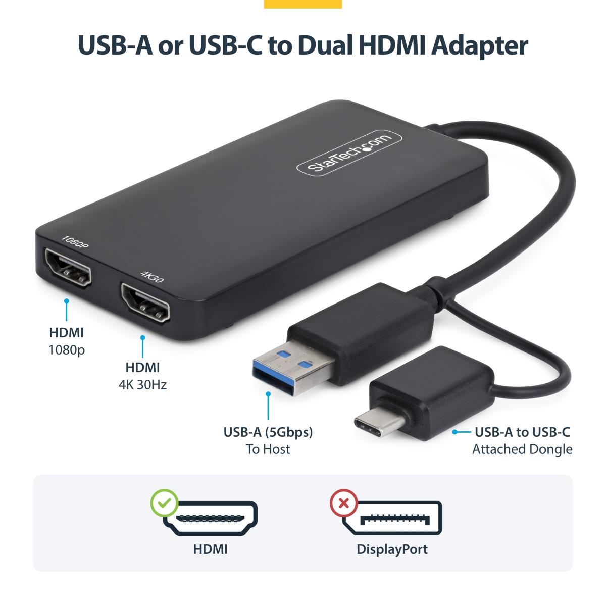 STARTECH.COM USB To Dual Hdmi Adapter - USB-a Or C 1x 4k 30hz 1x 1080p
