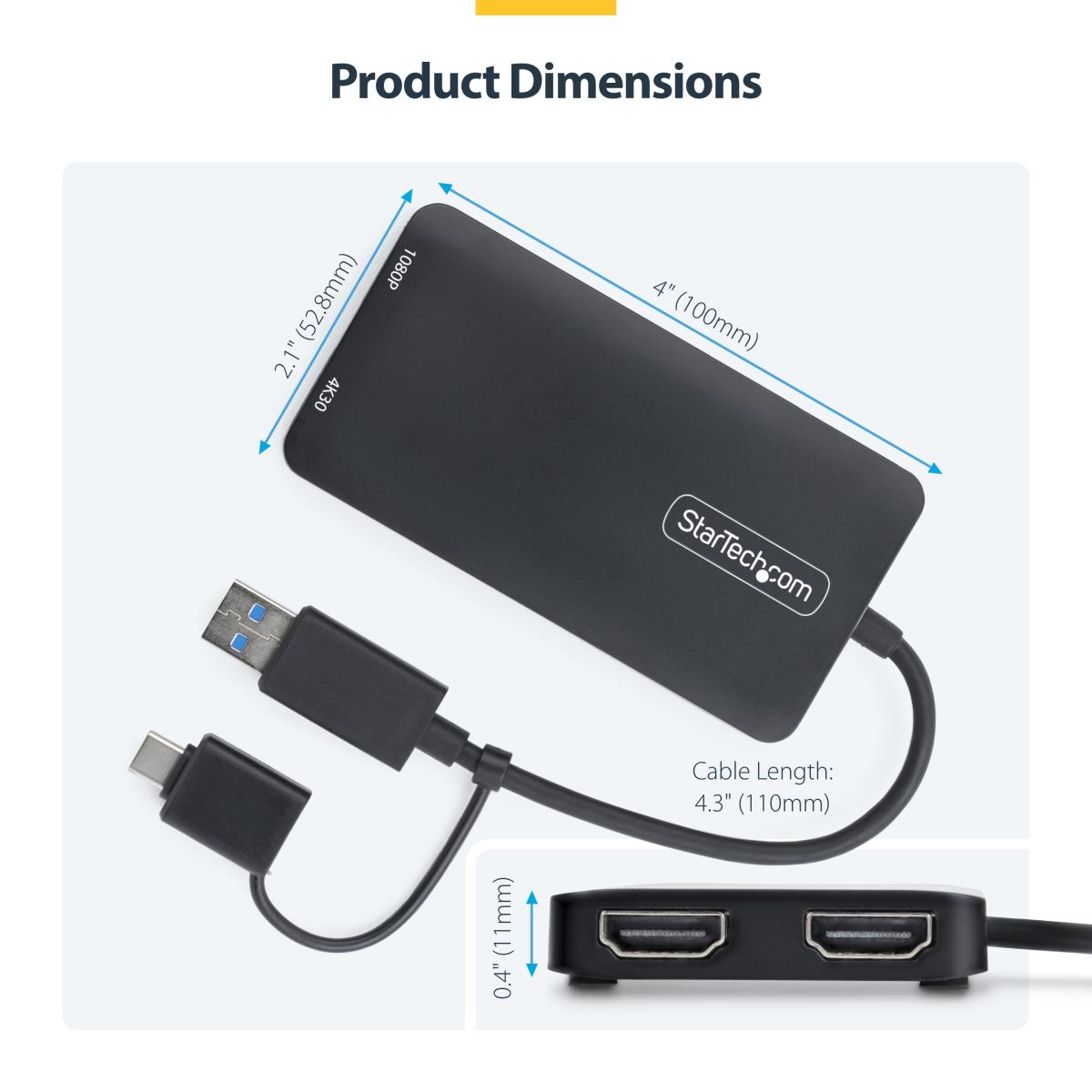 STARTECH.COM USB To Dual Hdmi Adapter - USB-a Or C 1x 4k 30hz 1x 1080p