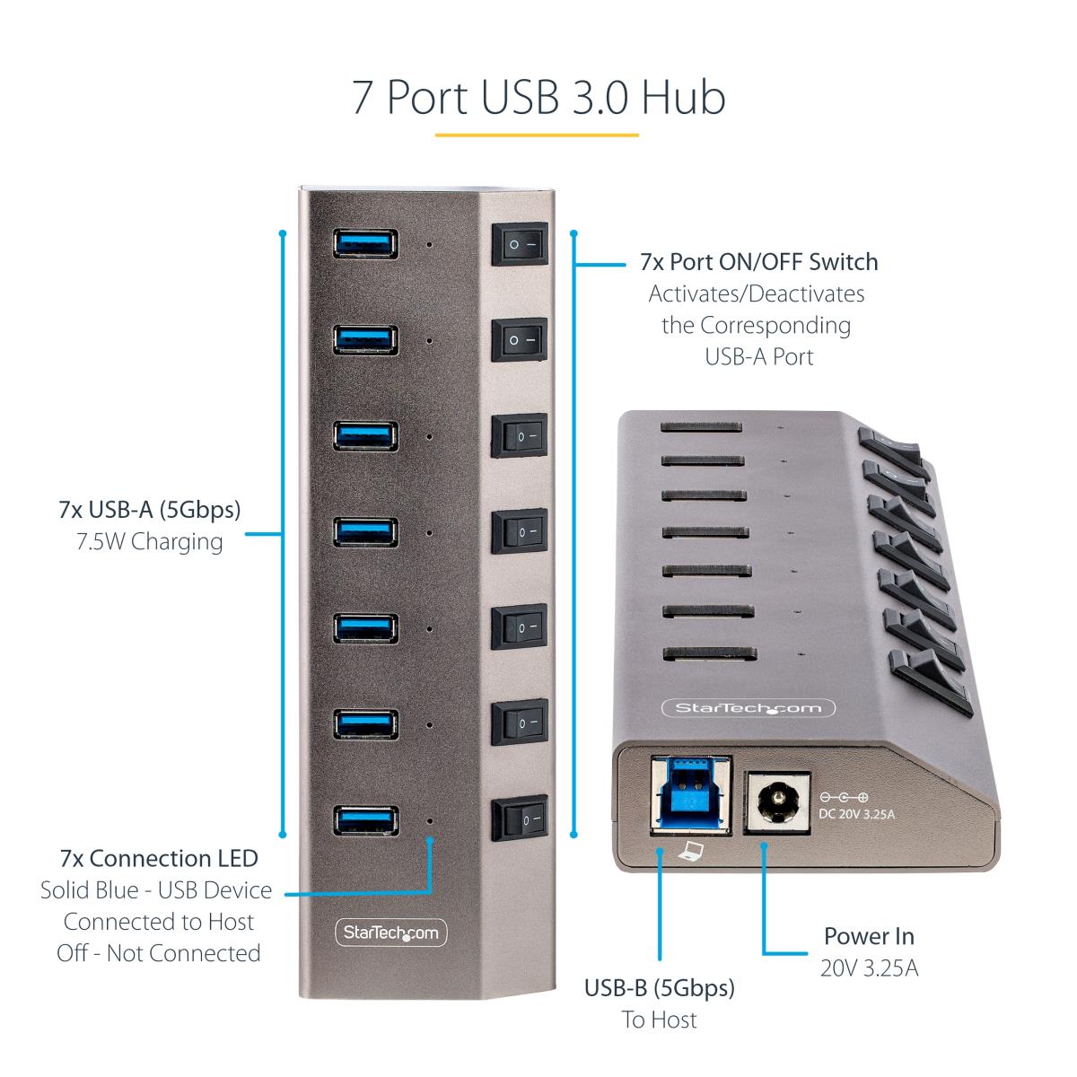 STARTECH.COM USB-c Hub - 7-port Self-powered With Individual On/off Switches, USB 3.0 5gbps Expansion Hub W/power Supply