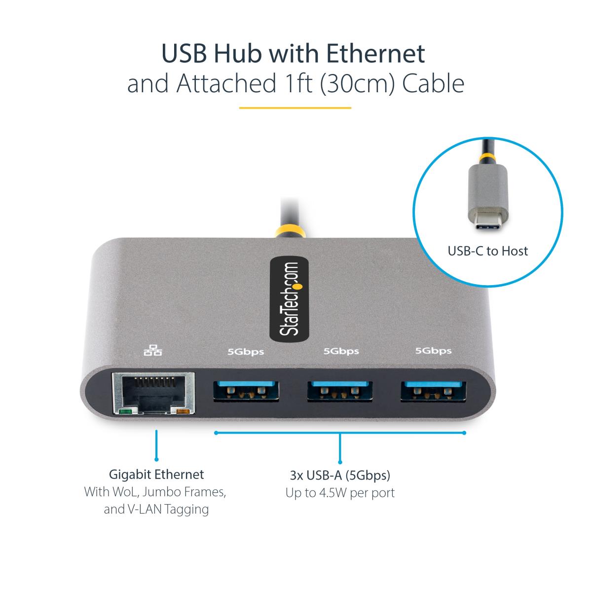 STARTECH.COM Hub Plus 3-port USB 3.0 Gigabit Ethernet - USB-c - White Bus-powered