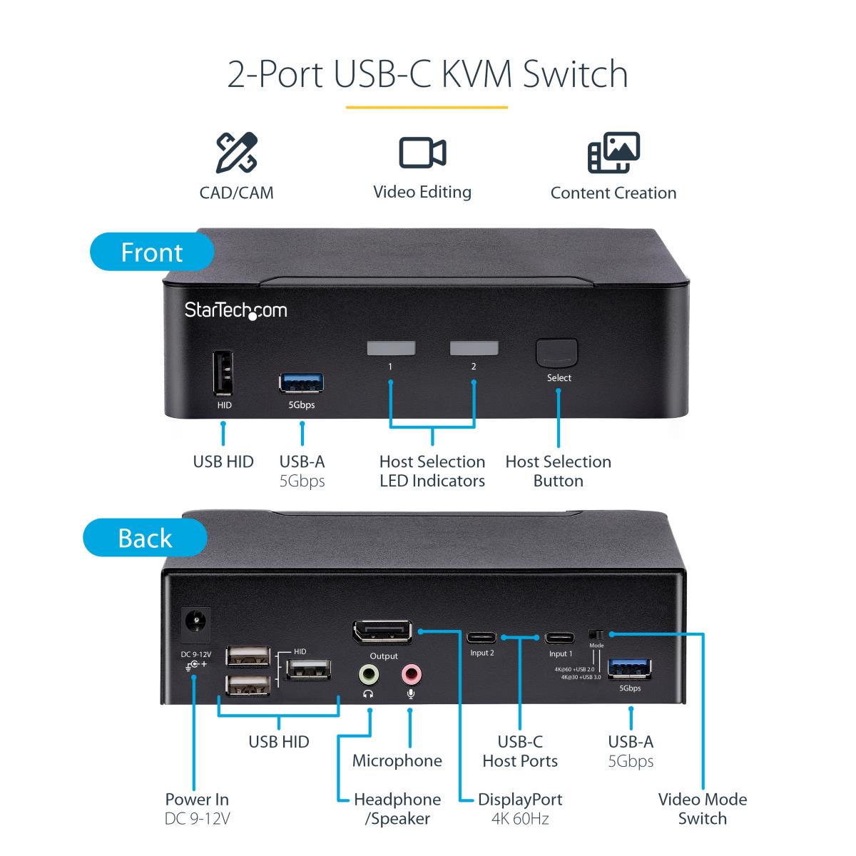 STARTECH.COM KVM Switch - 2 Port USB C Dp 4k 60hz 3.5mm And USB Audio