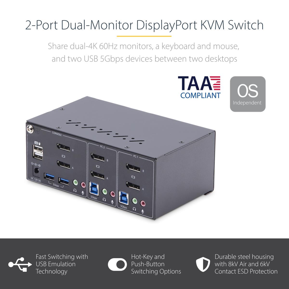STARTECH.COM KVM Switch 4k 60hz Dual-monitor DisplayPort 2-port