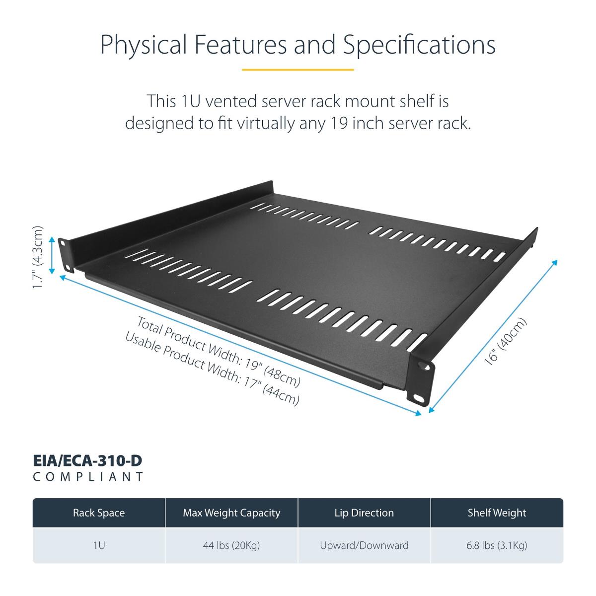 STARTECH.COM Server Rack 1u Shelf Vented 2-pack Trays 44lb Max 16in Deep