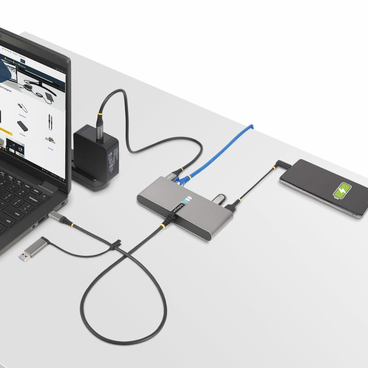 STARTECH.COM USB-c Hub With Ethernet And Rs-232, Attached USB-c To USB-a Dongle, 100w 2-port