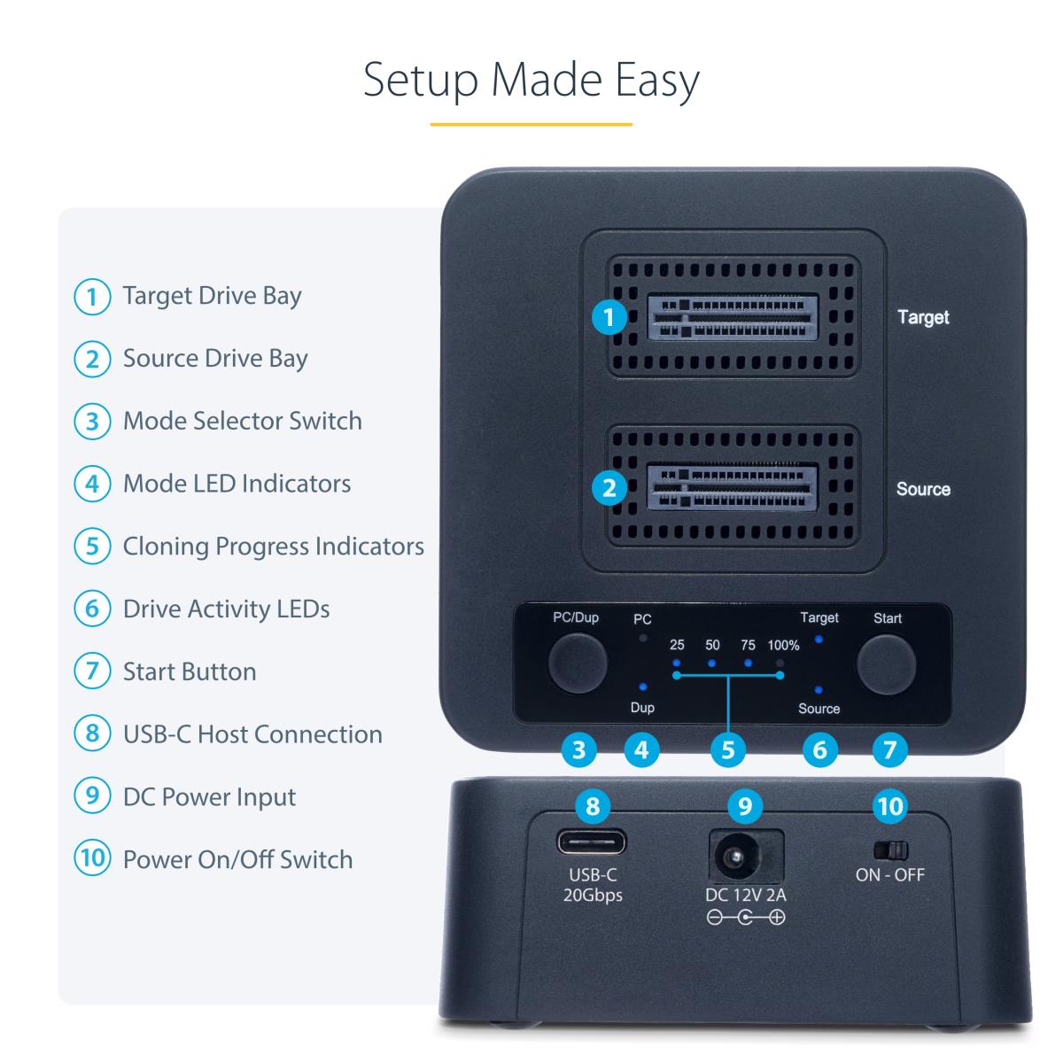 STARTECH.COM Nvme Drive Duplicator M.2 Standalone M.2 SSD Cloner/copier Up To 90gbpm, USB 3.2 20gbps M.2 Dual-bay Drive Dock