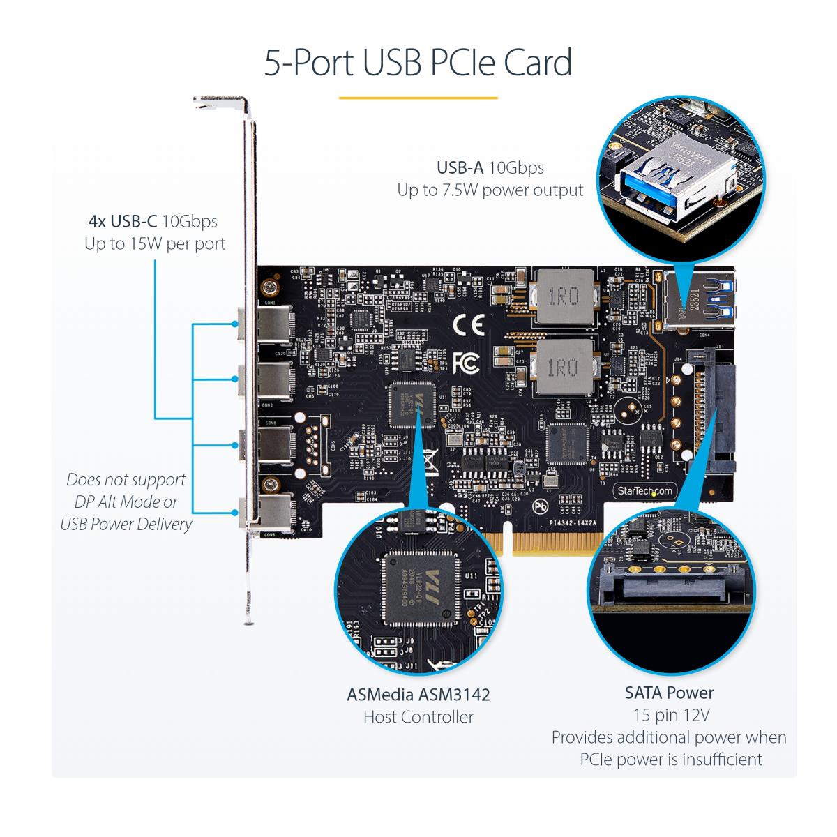 STARTECH.COM Expansion Card - 5-port USB Pci-e Card 10gbps - 4x USB-c/1x USB-a