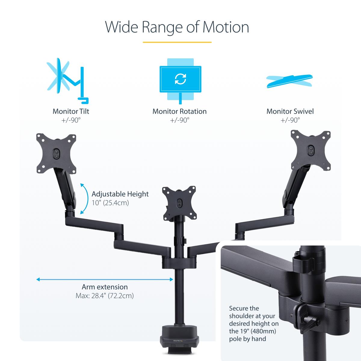 STARTECH.COM Triple Monitor Desk Mount For Up To Three 27in Screens, Vesa 75x75/100x100, Tool