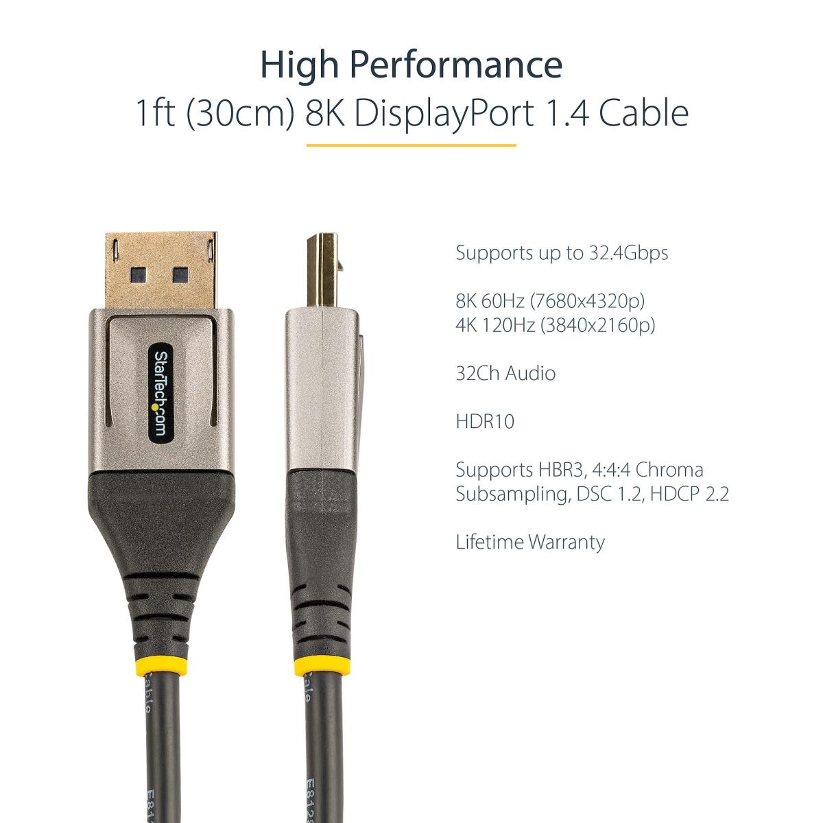 STARTECH.COM DisplayPort 1.4 Cable - 8k 60hz Hdr10 - Ultra Hd 4k 120hz Video - Dp 1.4 Cable / Co 1ft (30cm)