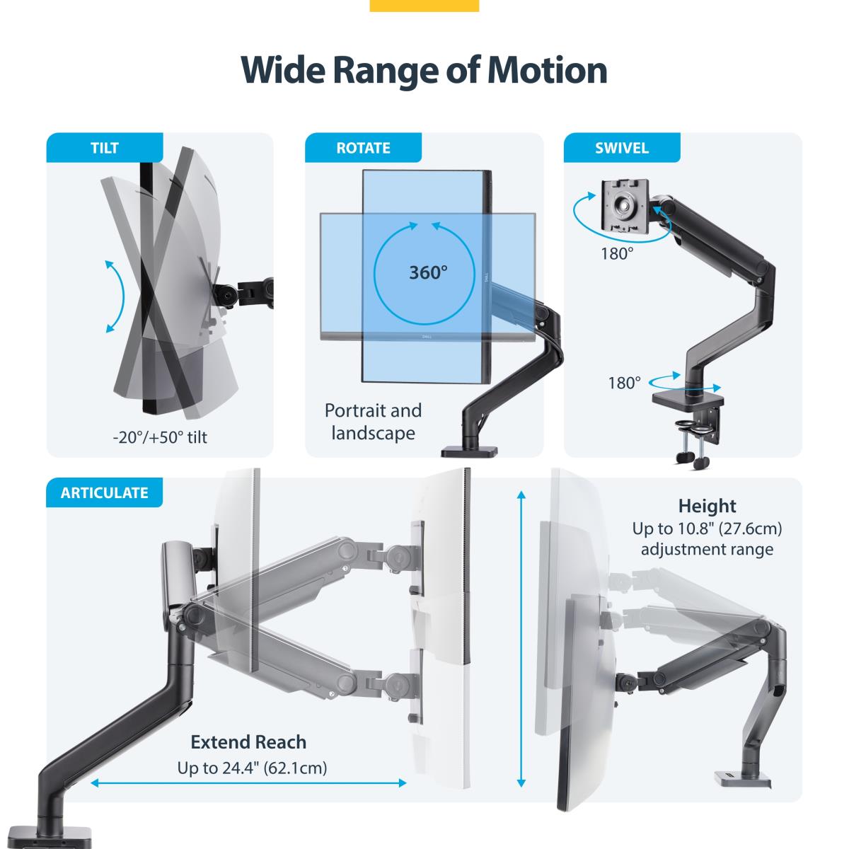 STARTECH.COM Monitor Desk Mount For Up To 49in Ultrawide Curved Screens Max 44lb - Mechanical Spring Arm - C-clamp/grommet - Tool-less Adjustment