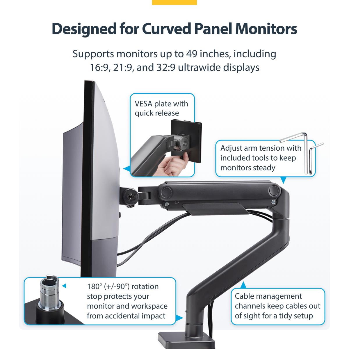 STARTECH.COM Monitor Desk Mount For Up To 49in Ultrawide Curved Screens Max 44lb - Mechanical Spring Arm - C-clamp/grommet - Tool-less Adjustment