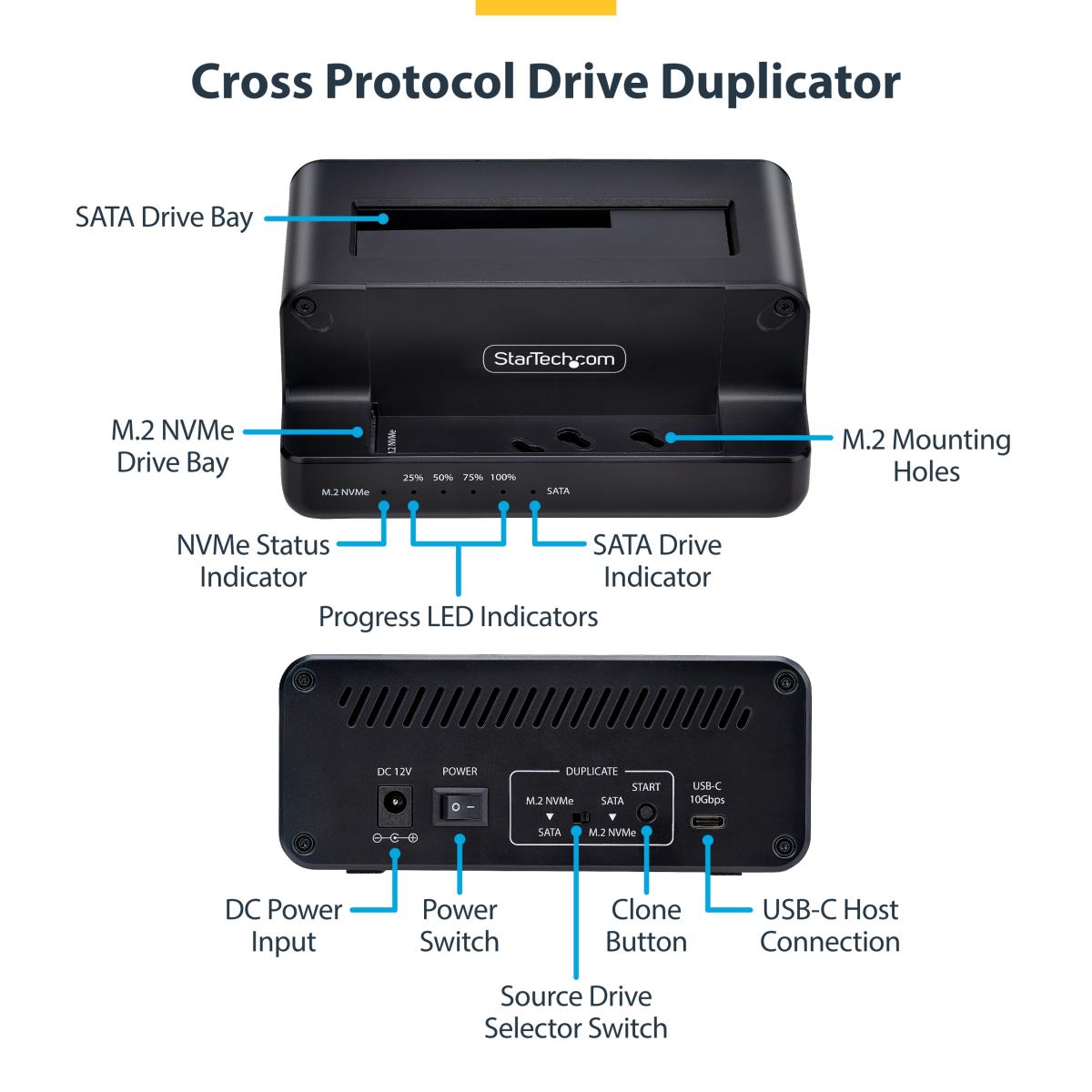 STARTECH.COM SATA Drive Duplicator - M.2 Nvme To 2.5/3.5in Dual Bay Standalone SSD Cloner/drive Dock, Bidirectional Nvme To SATA / SATA To Nvme