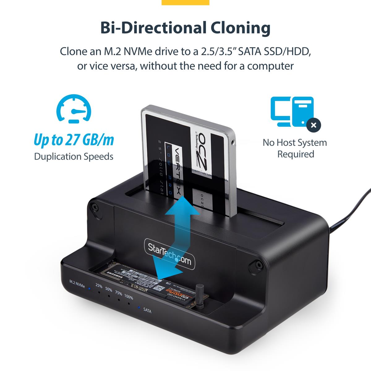 STARTECH.COM SATA Drive Duplicator - M.2 Nvme To 2.5/3.5in Dual Bay Standalone SSD Cloner/drive Dock, Bidirectional Nvme To SATA / SATA To Nvme