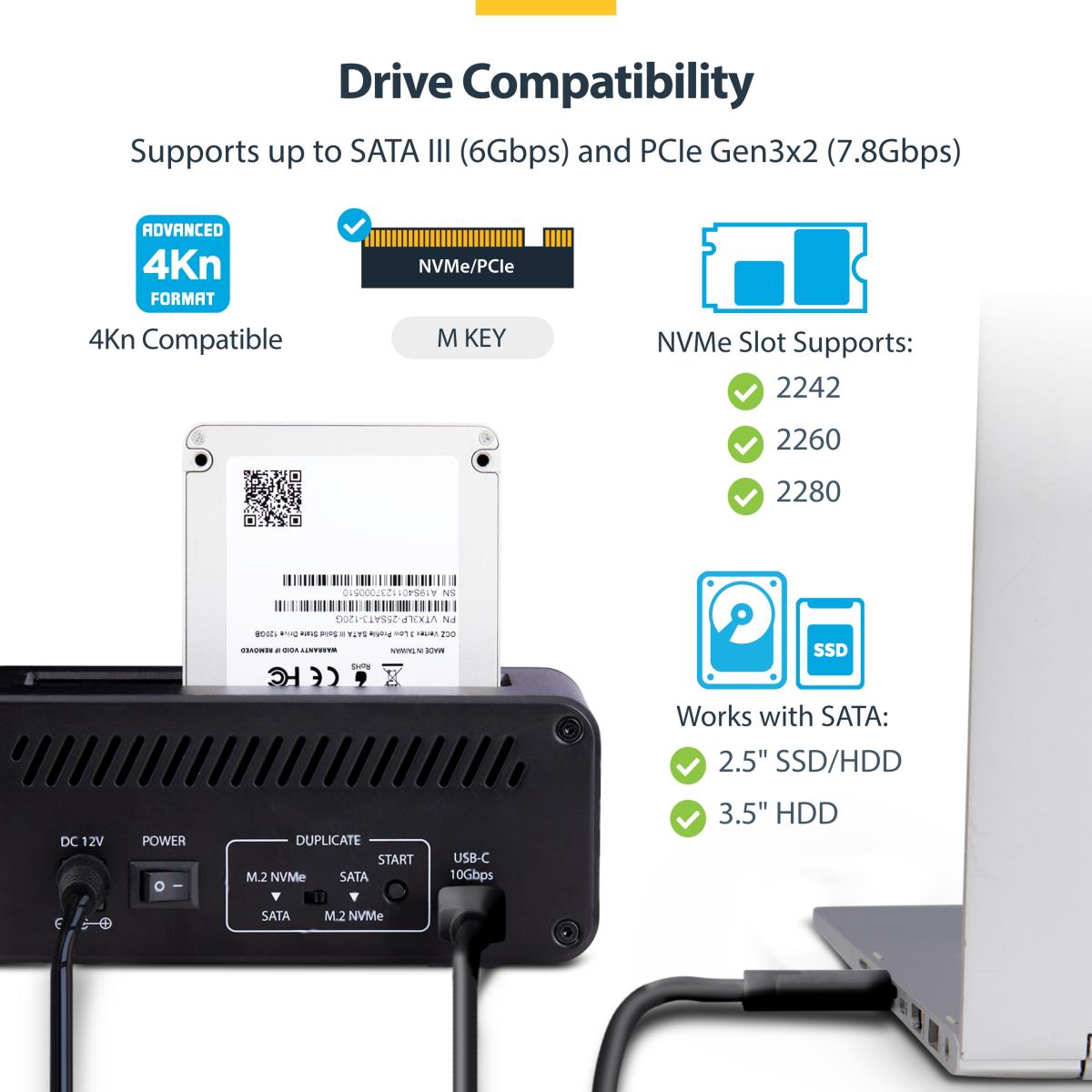 STARTECH.COM SATA Drive Duplicator - M.2 Nvme To 2.5/3.5in Dual Bay Standalone SSD Cloner/drive Dock, Bidirectional Nvme To SATA / SATA To Nvme