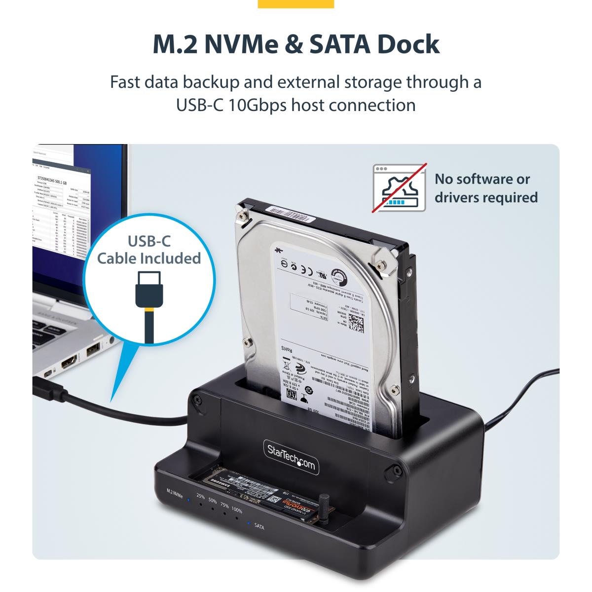 STARTECH.COM SATA Drive Duplicator - M.2 Nvme To 2.5/3.5in Dual Bay Standalone SSD Cloner/drive Dock, Bidirectional Nvme To SATA / SATA To Nvme