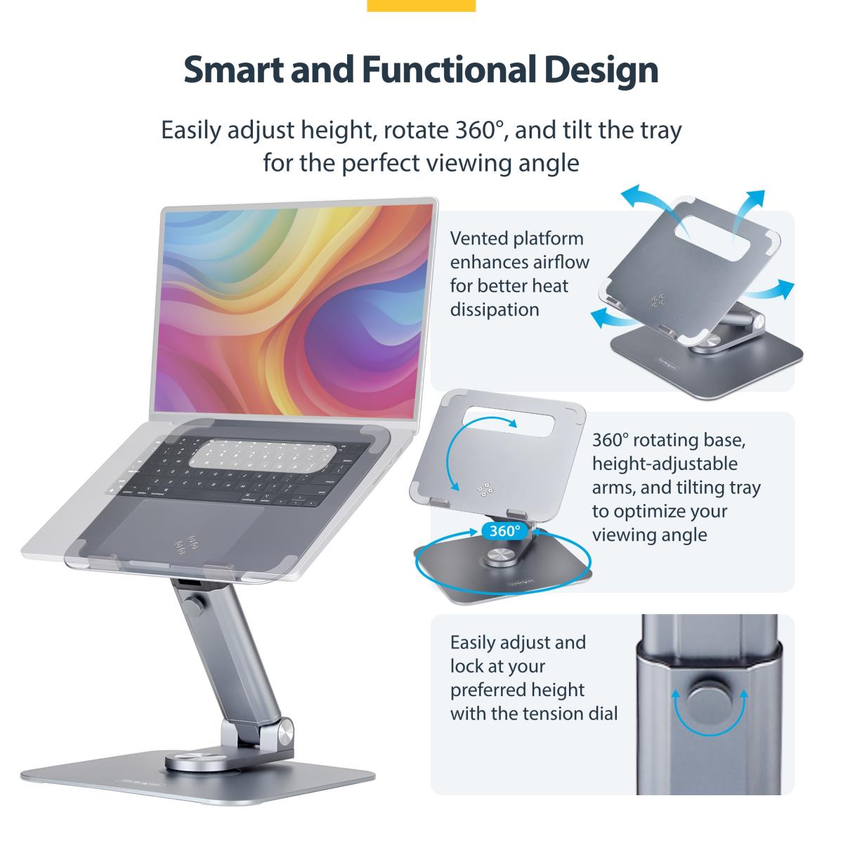 STARTECH.COM Telescopic Laptop Stand - 360 Swivel Base Rotating Computer Riser For Desk