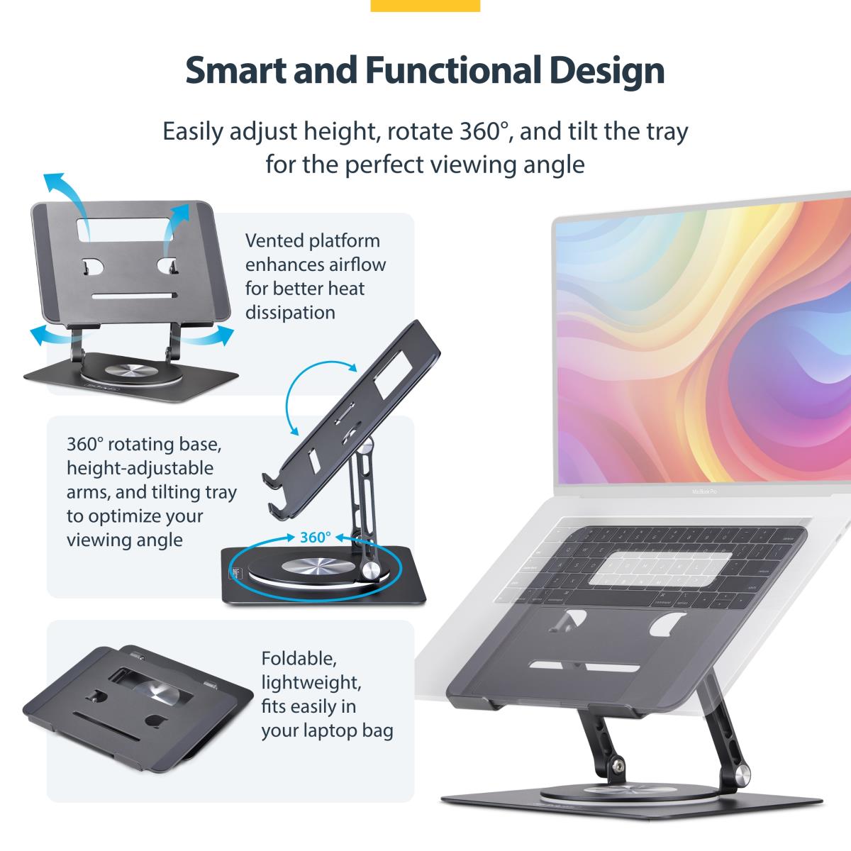 STARTECH.COM Rotating Laptop Stand - 360 Swivel Ergonomic Desk Riser For Computer