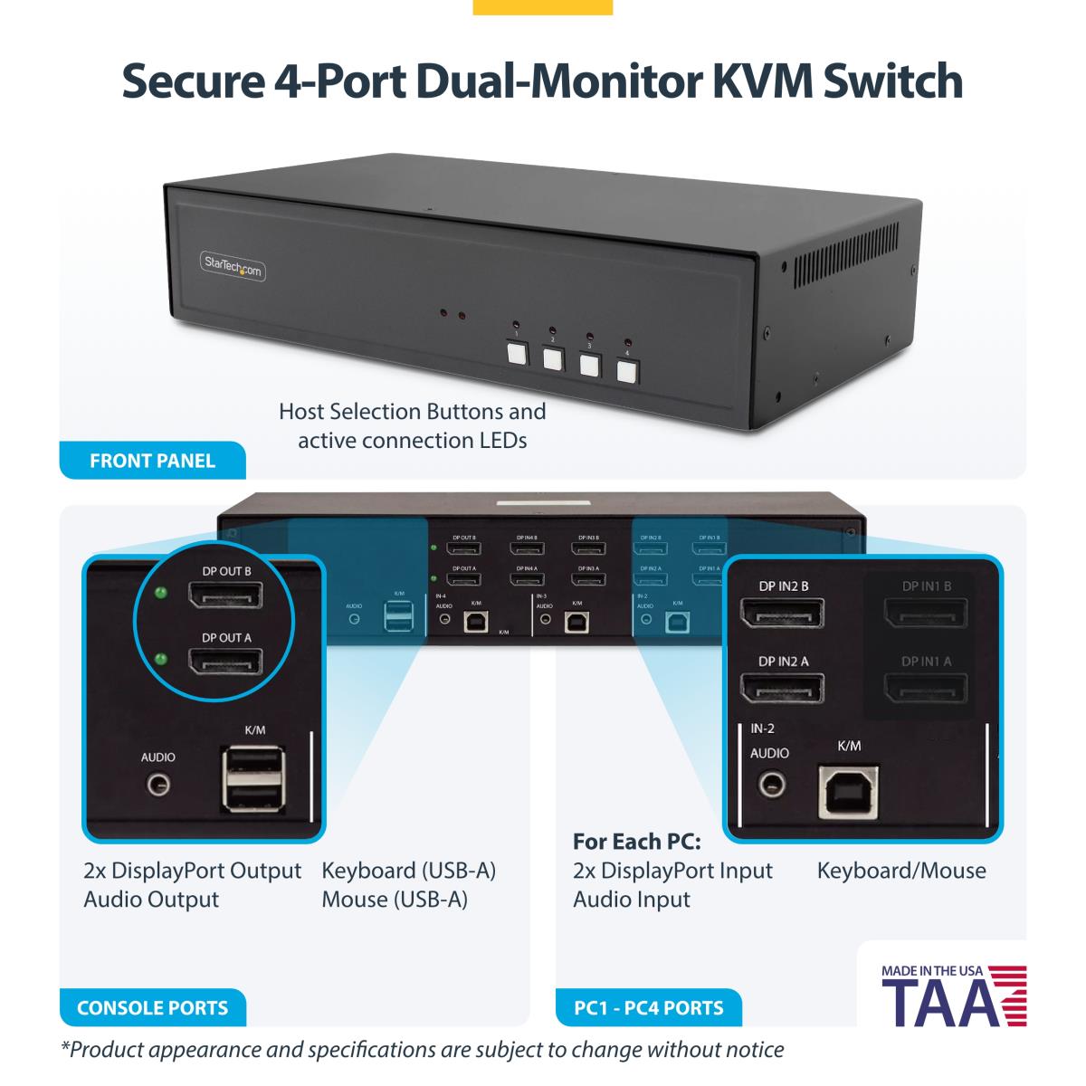 STARTECH.COM Secure 4-port Dual-monitor KVM DisplayPort Niap 4.0 Us Built