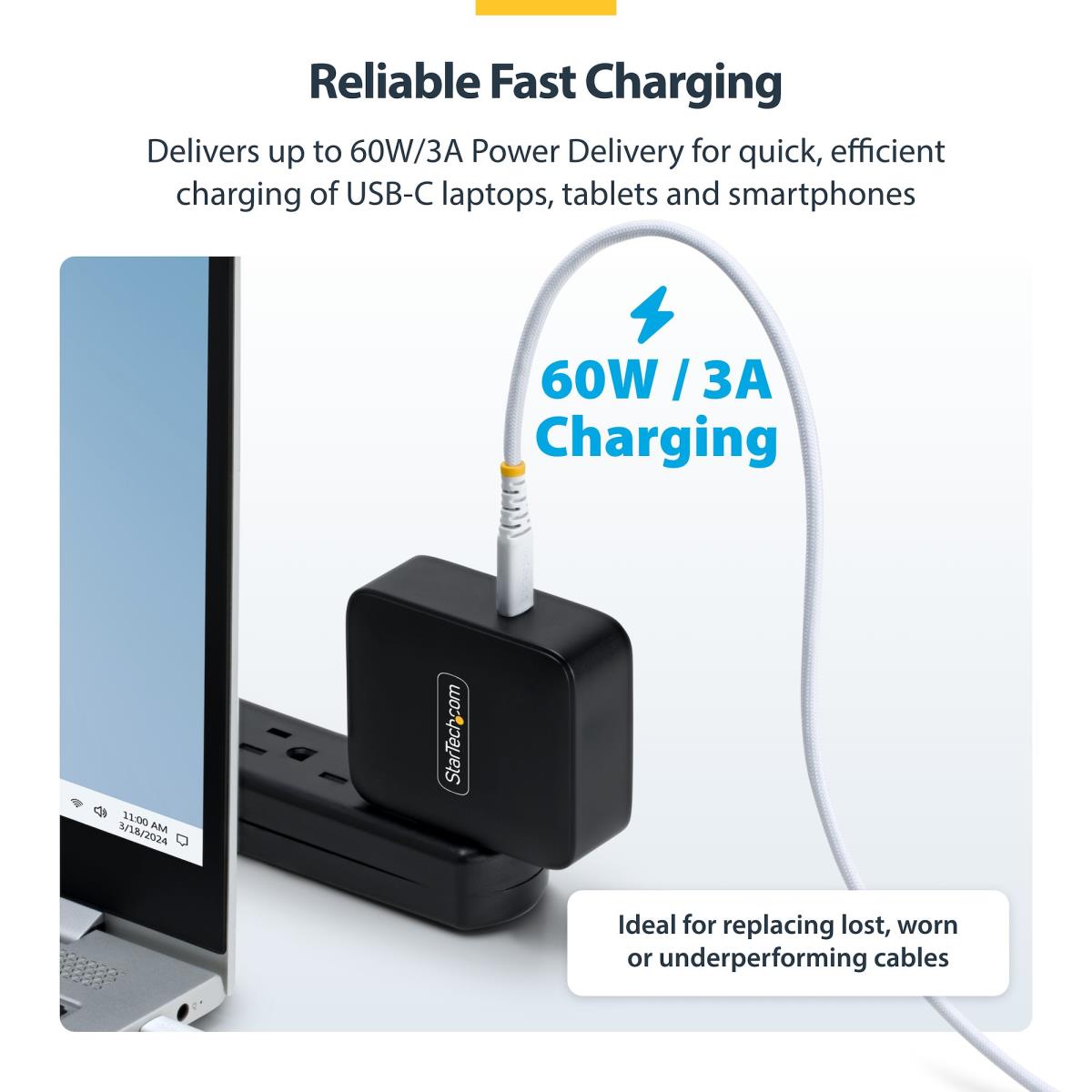 STARTECH.COM USB-c Charging Cable 60w Pd/rugged USB 2.0 Charger 30cm White
