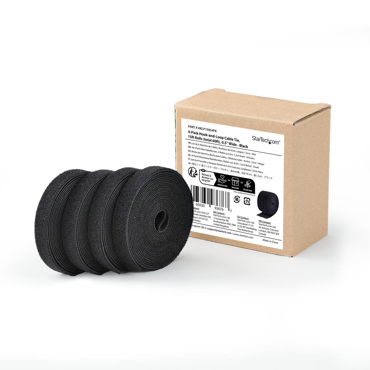 STARTECH.COM Hook And Loop Roll, 0.5in Wide, Black, Cut-to-size Reusable Cable Ties, Fastener Tape, Adjustable Fabric Wraps, Bulk Roll - 4.6m 4-pack