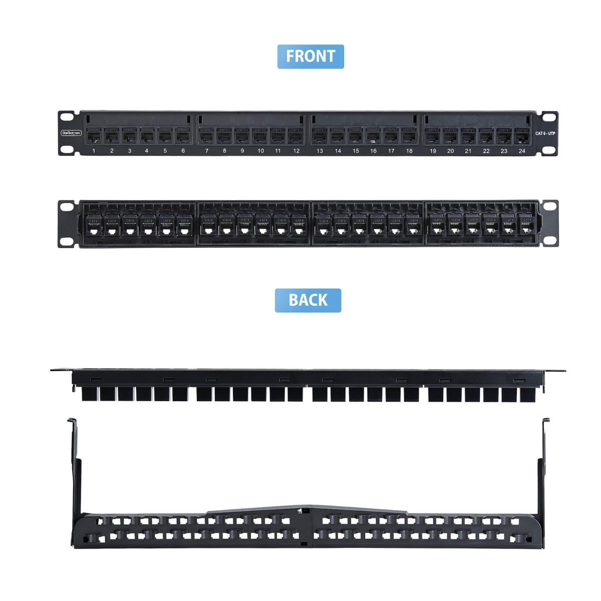STARTECH.COM Patch Panel - 24 Port 1u Feed Through With Cable Management Bar, Rackmount CAT6 Ethernet Patch Panel With Rj45 Utp Inline Couplers