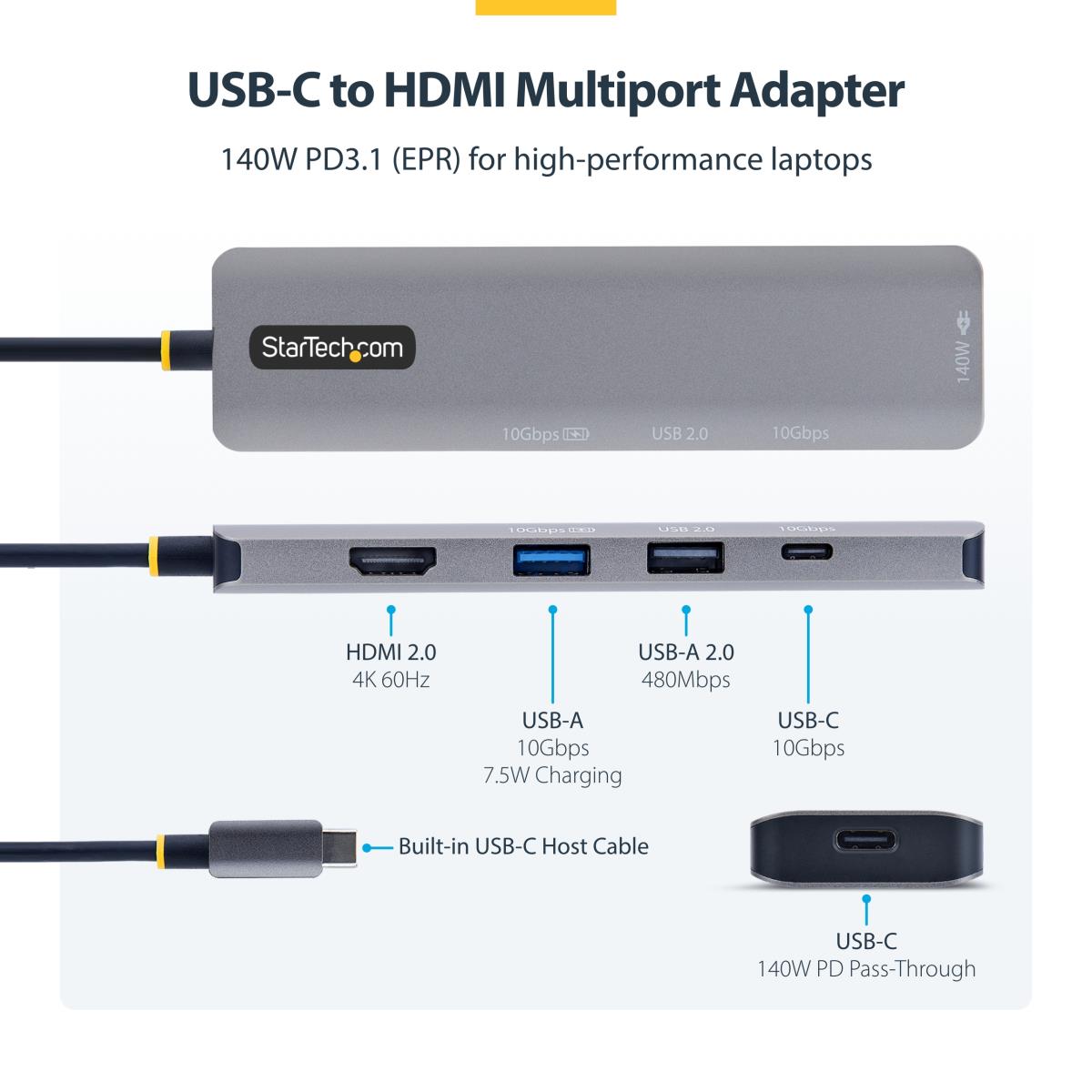 STARTECH.COM USB-c To Hdmi Multiport Adapter - With 140w Pd Charging, 4k 60hz, USB 10gbps Hub, Type-c Mini Dock