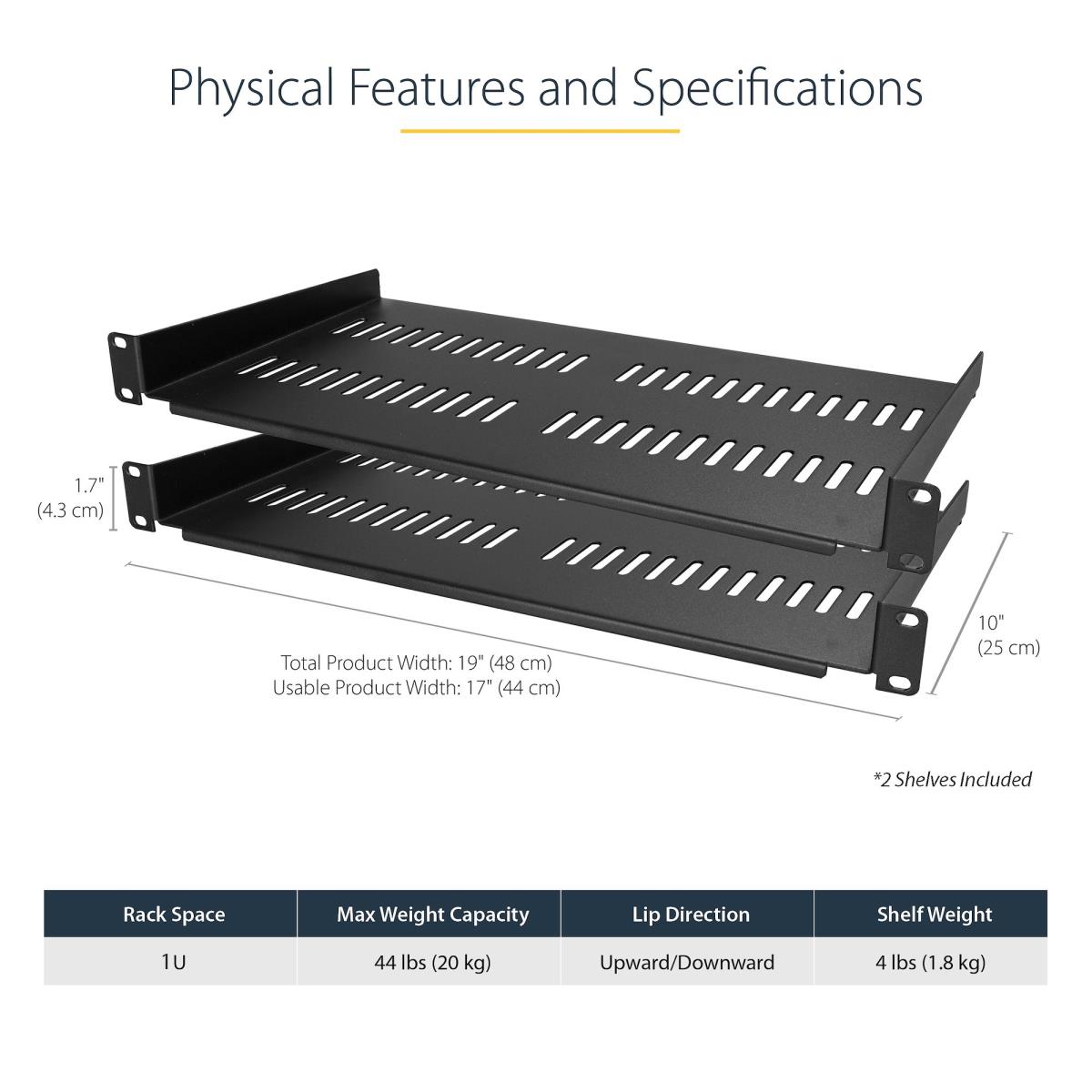 STARTECH.COM Server Rack Shelf 2-pack 1u -vented Rackmount Tray 44lb/10in