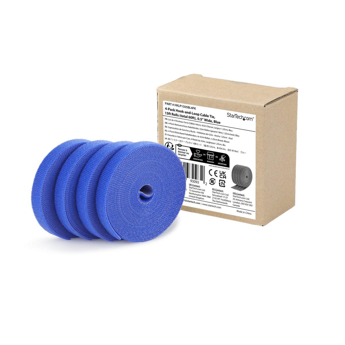 STARTECH.COM Hook And Loop Roll, 0.5in Wide, Blue, Cut-to-size Reusable Cable Ties 4-pack 4.6m