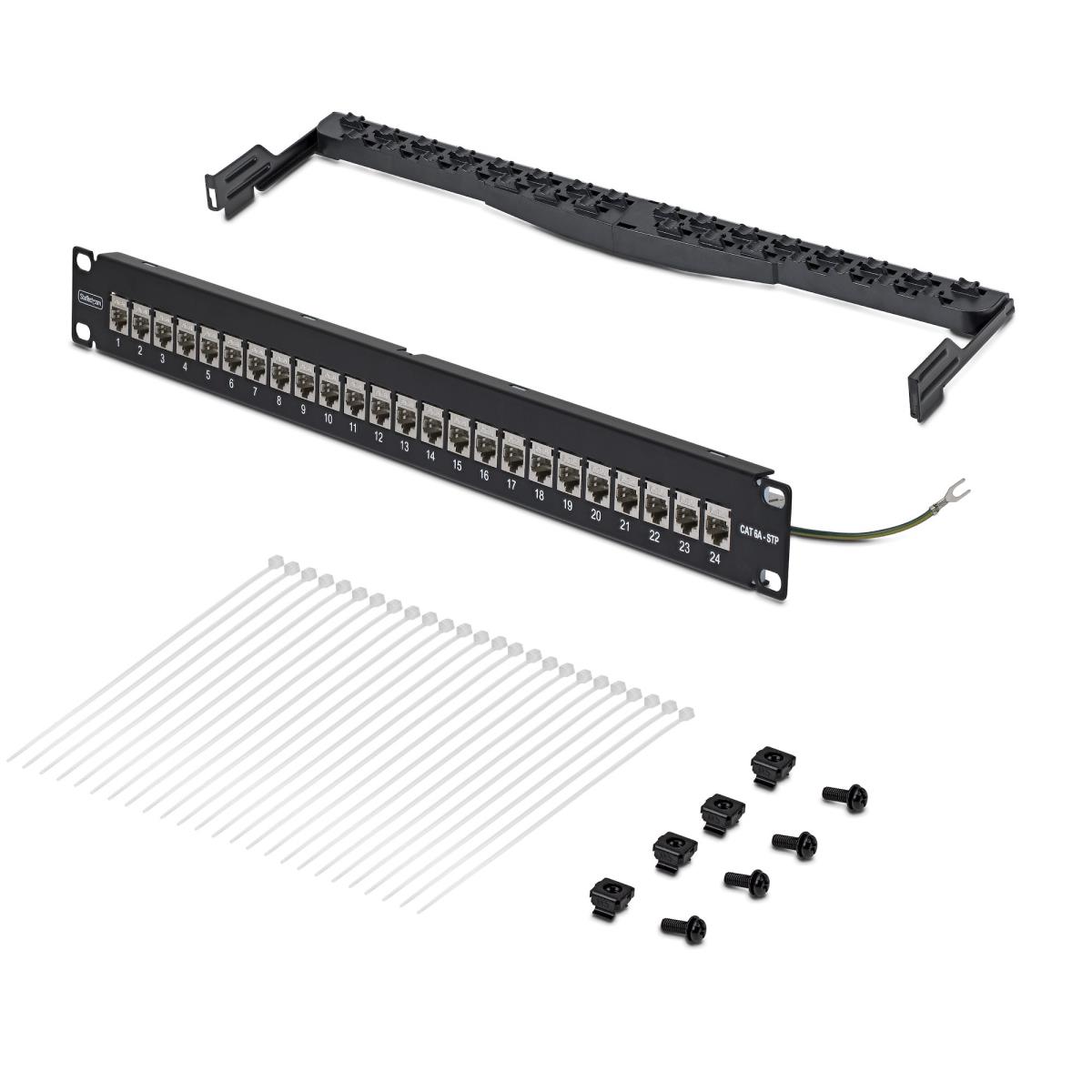 STARTECH.COM Patch Panel 24 Port 1u Feed Through With Cable Management Bar, Rackmount Shielded CAT6a
