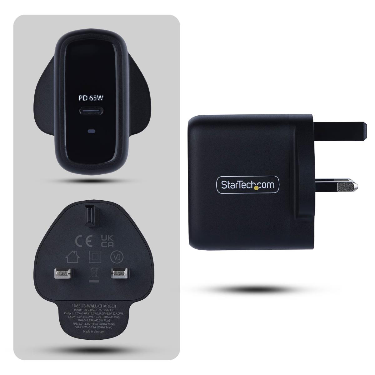 STARTECH.COM USB-c Laptop Charger 65w Compact Gan Wall Charger For Dell, Xps, Hp Probook, MacBook Pro, Microsoft Surface Pro, Black