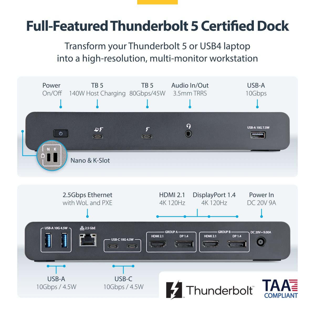 STARTECH.COM Laptop Charge - Thunderbolt 5 Docking Station Quad Monitor 140w