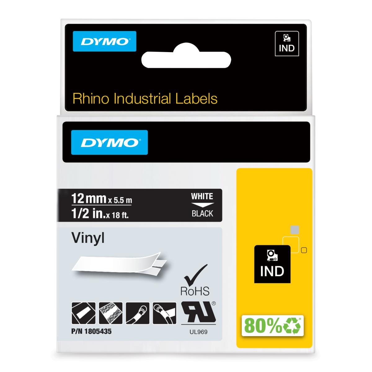 DYMO Rhino 12 Mm Vinyl White On Black