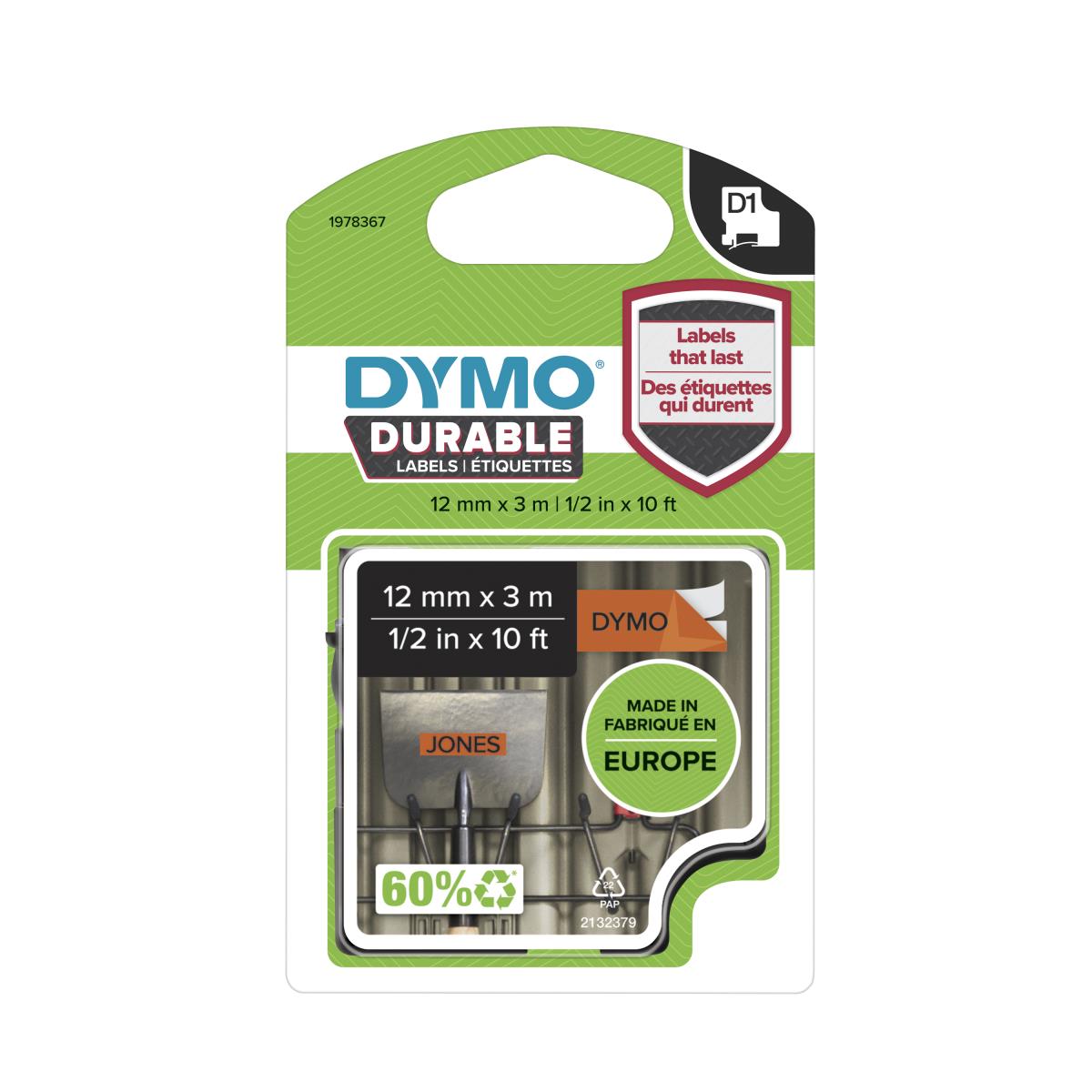 DYMO Durable D1 Tape Black/orange 12mm X 3mm