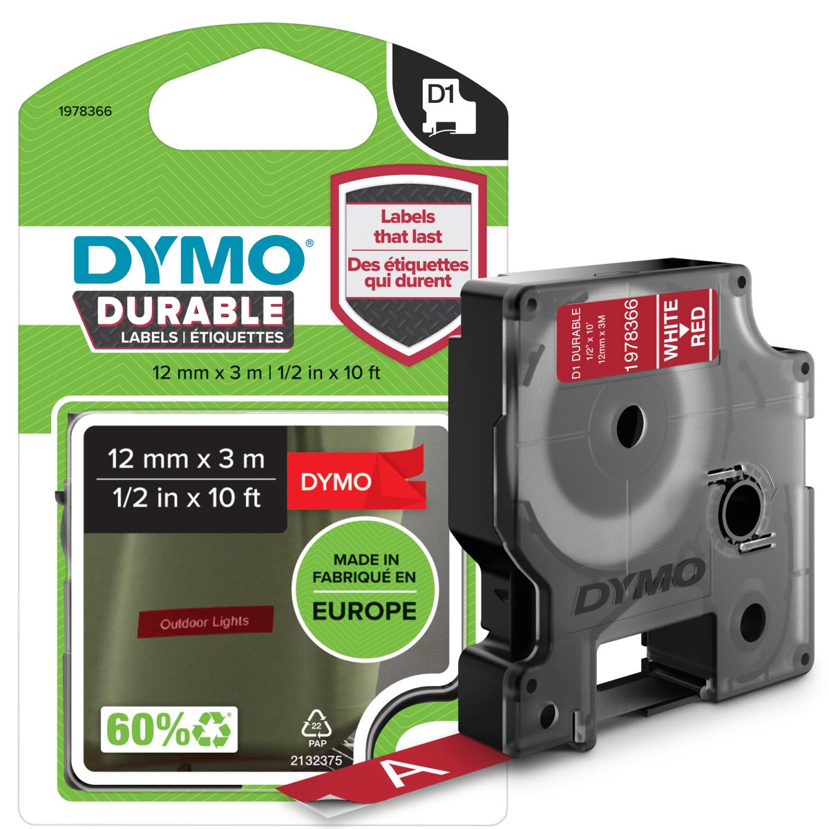 DYMO D1 Durable 12mm X 3m White On Red