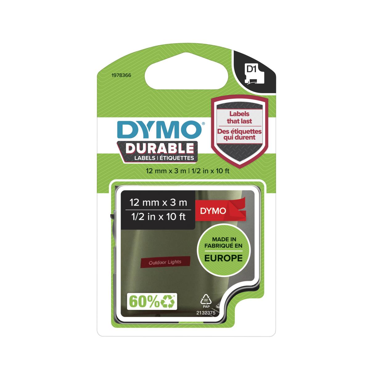 DYMO D1 Durable 12mm X 3m White On Red