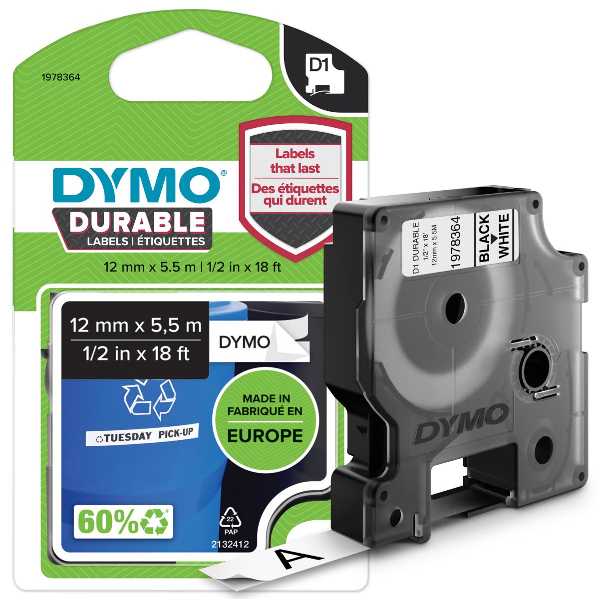 DYMO D1 Durable 12mm X 5.5m Black On White