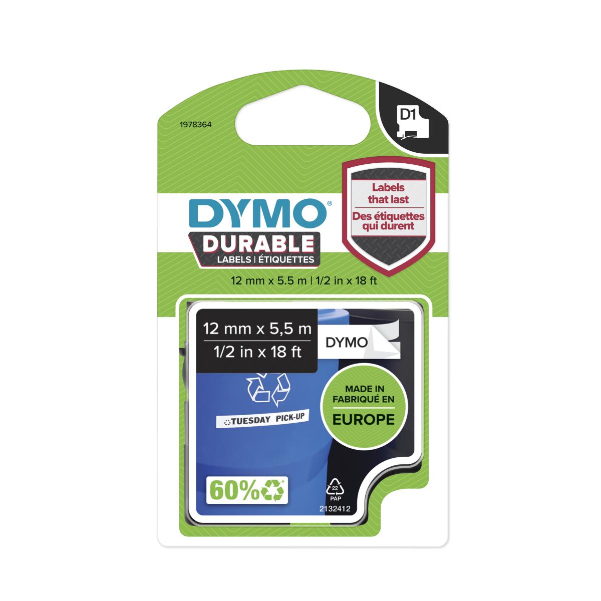 DYMO D1 Durable 12mm X 5.5m Black On White