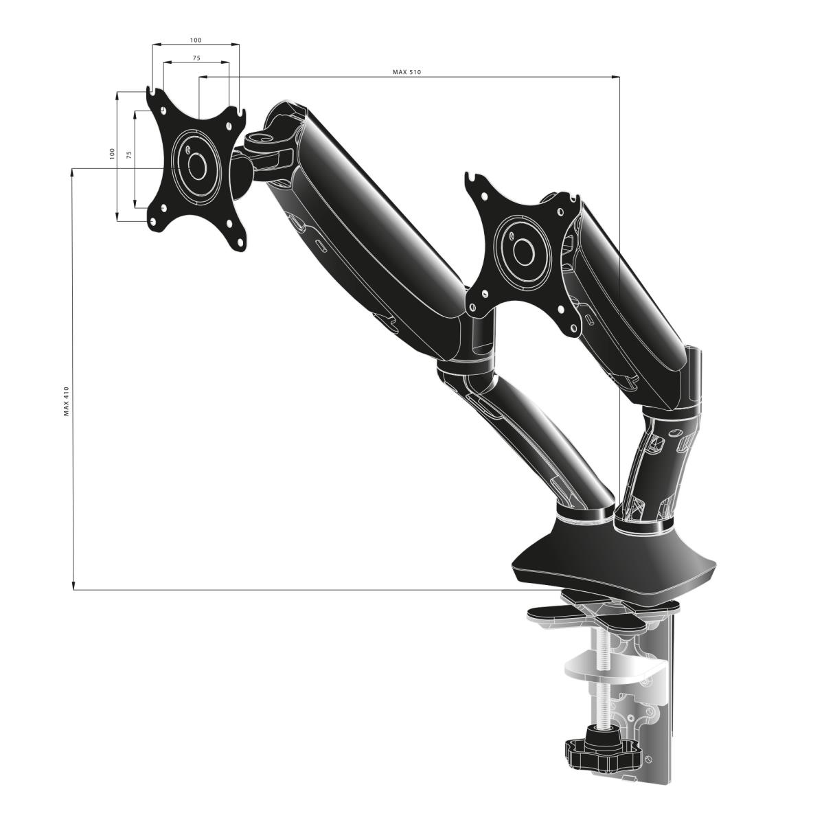 IiYAMA Dual Gas Spring Desk Mounting Arm DS3002C-B1/ Black