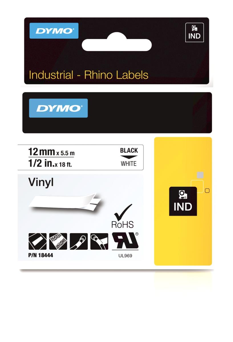 DYMO RHINO 18444 Label Adhesive Tape - Vinyl - Black on White - 12mm x5,5m