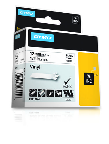 DYMO RHINO 18444 Label Adhesive Tape - Vinyl - Black on White - 12mm x5,5m