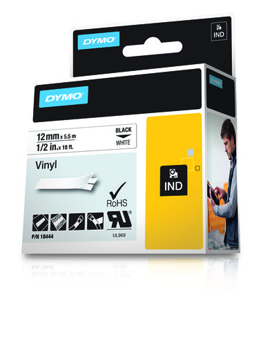 DYMO RHINO 18444 Label Adhesive Tape - Vinyl - Black on White - 12mm x5,5m