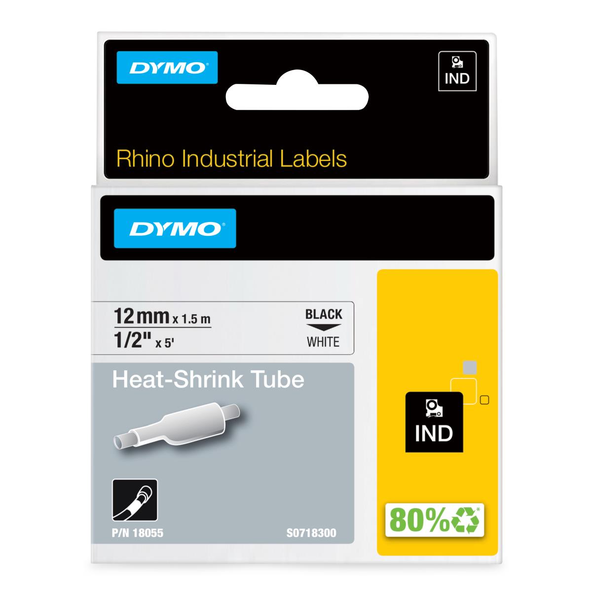 DYMO Rhino Tape - Heat-Shrink Label - Black on White - 12mm