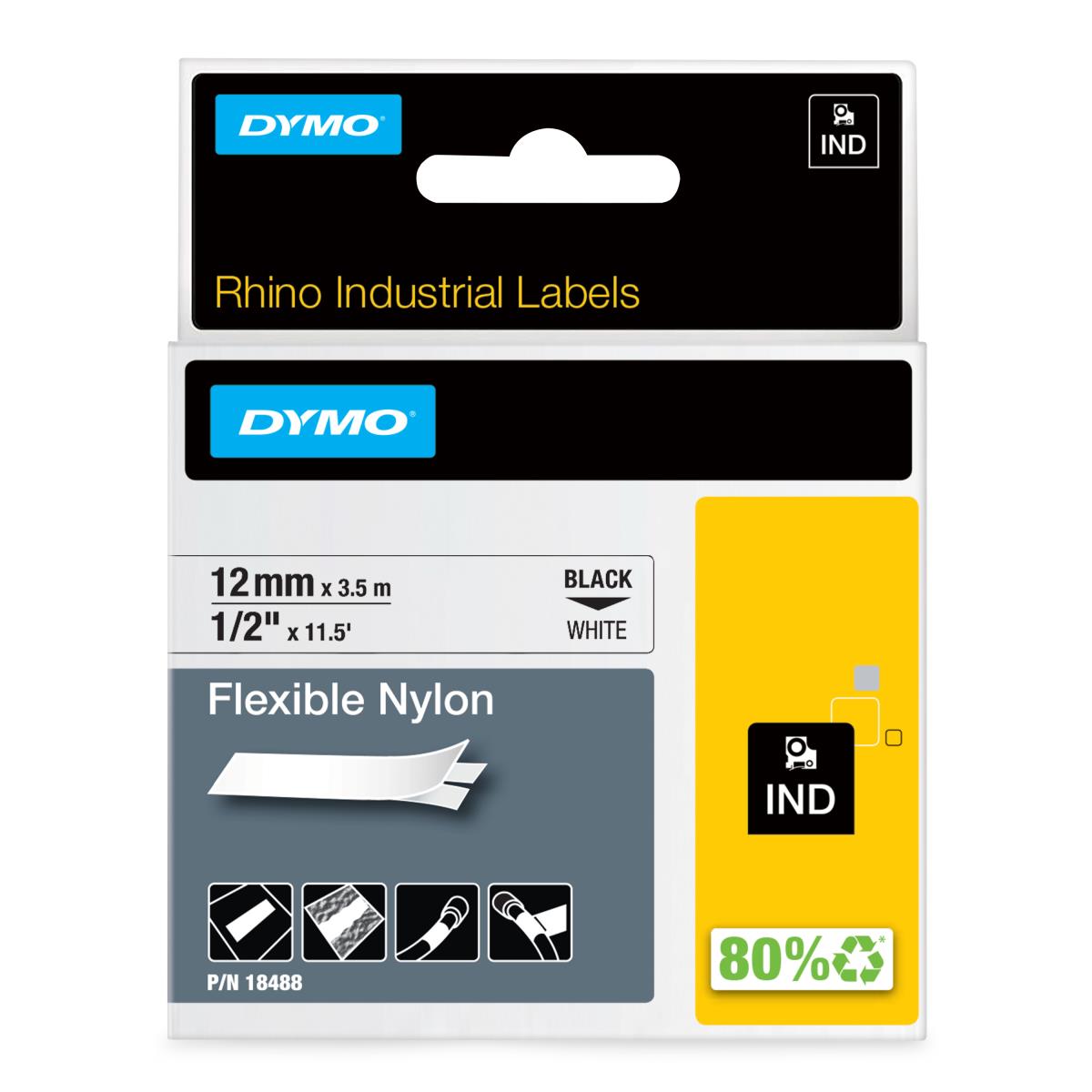 DYMO D1 Flexible Nylon Tape Black On White 12mm