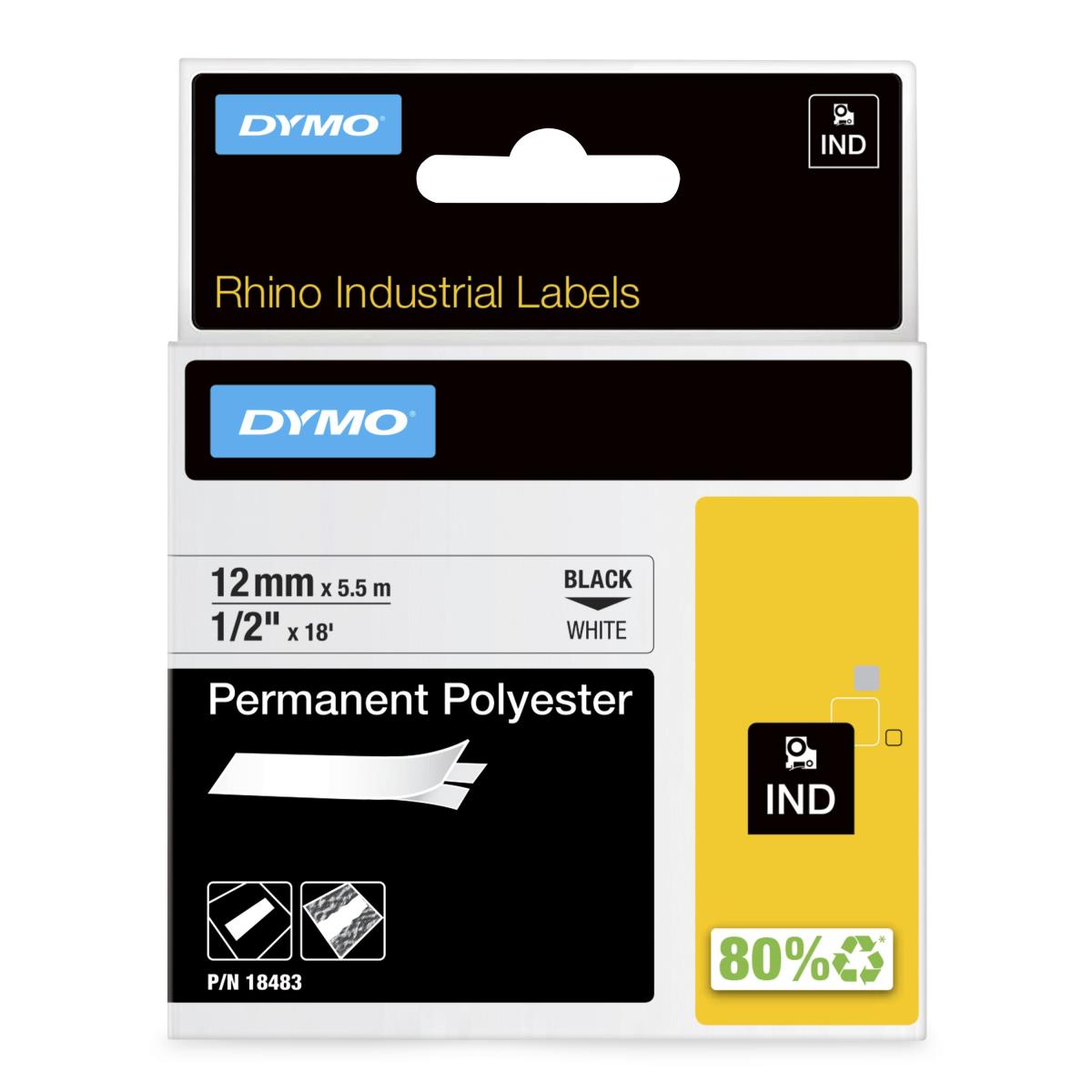 DYMO Tape - Black On White - 12mm X 5.5m - Permanent Polyester