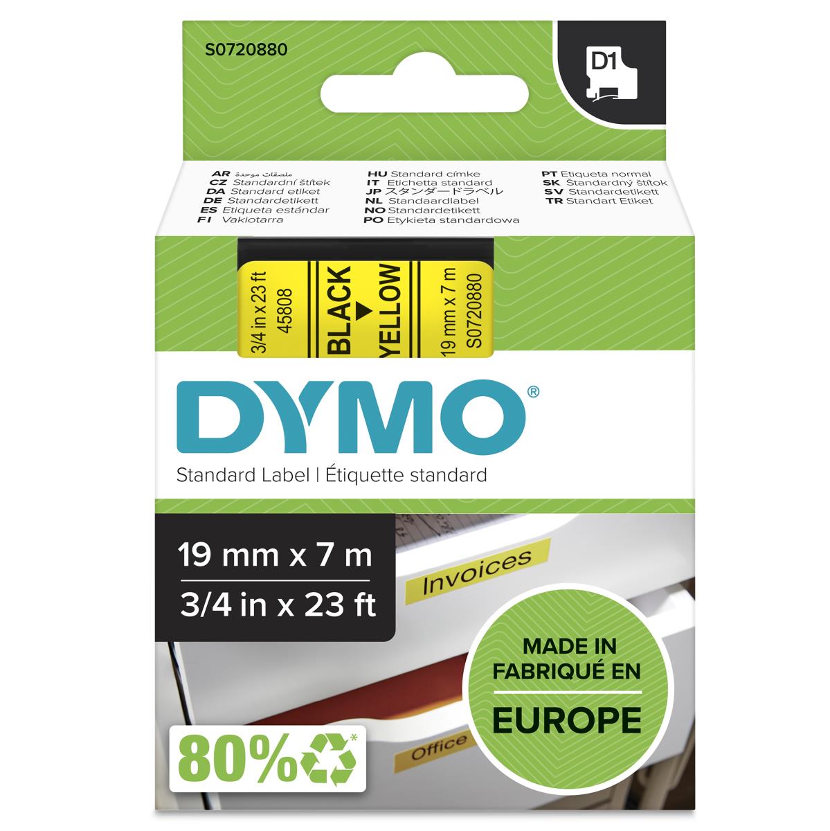 DYMO D1 Standard Tape Black On Yellow 19mmx7m