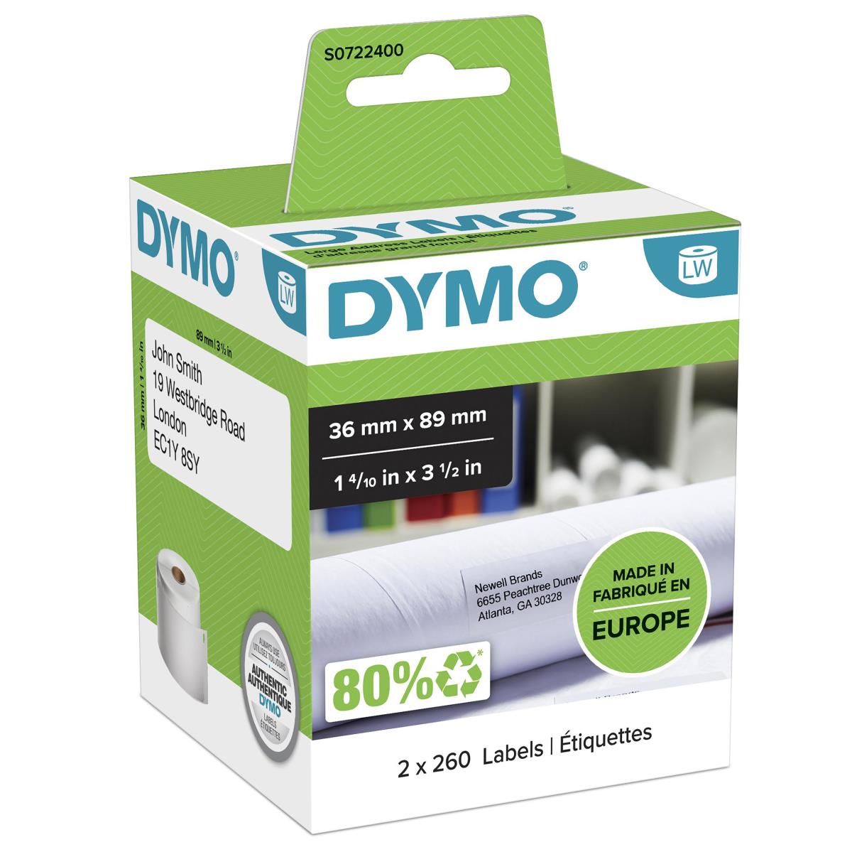 DYMO LabelWriter Large Address Labels 36x89mm - White - 2x rolls / 520 labels