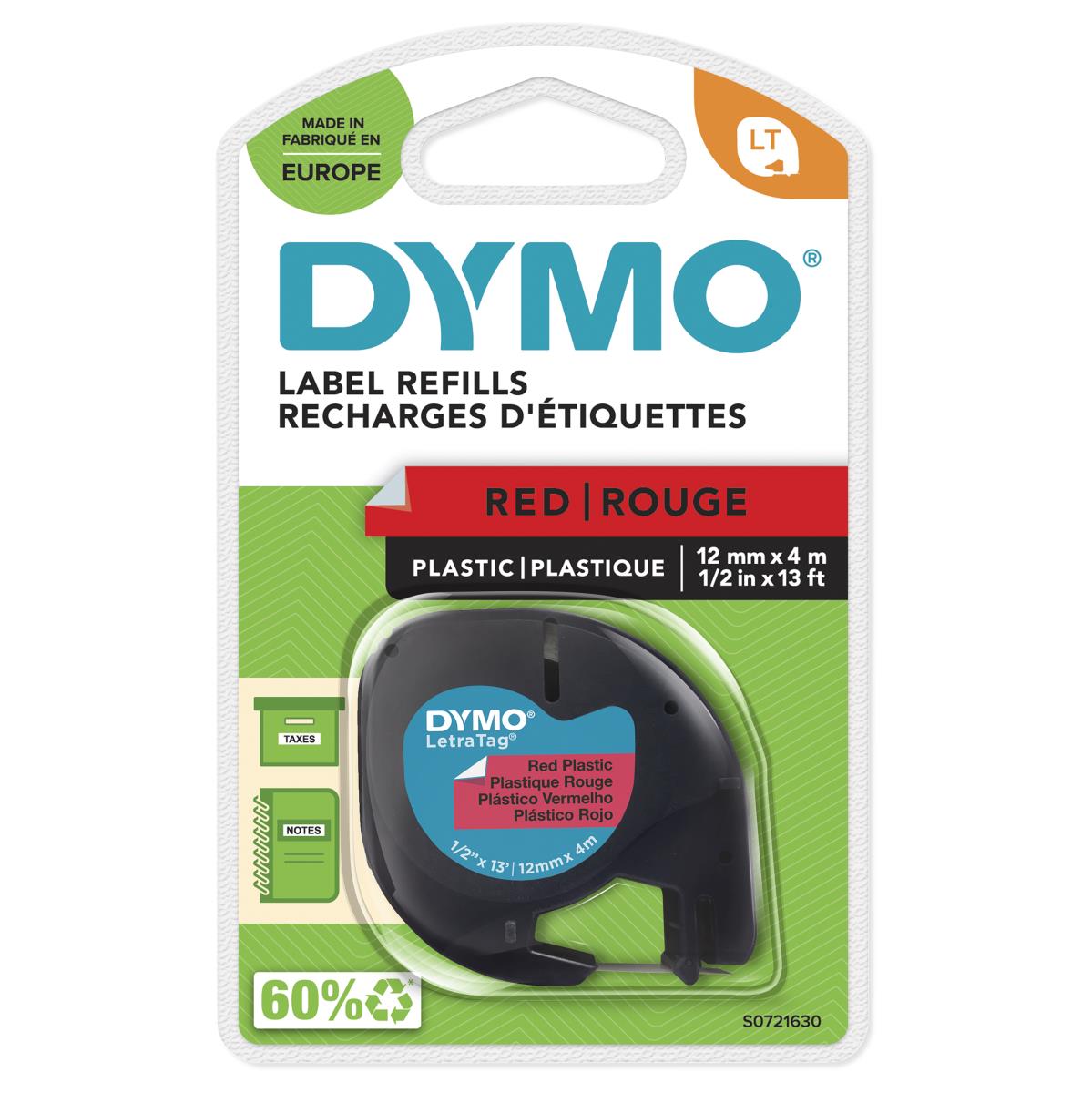 DYMO Plastic Tape Red 12mmx4m For Letratag