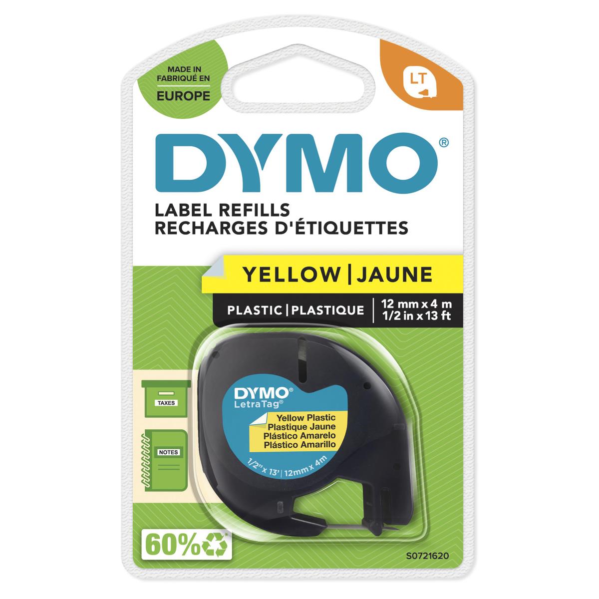 DYMO Plastic Tape Yellow 12mx4mm For Letratag