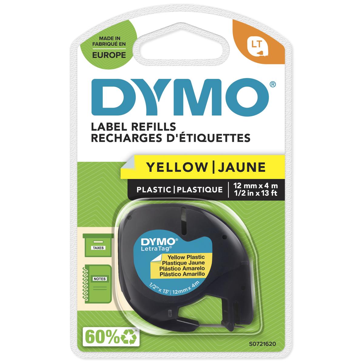 DYMO Plastic Tape Yellow 12mx4mm For Letratag