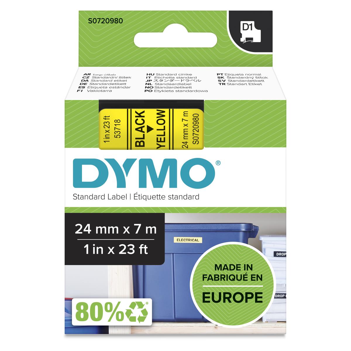 DYMO Tape Label Black On Yellow 24mmx7m Type D1